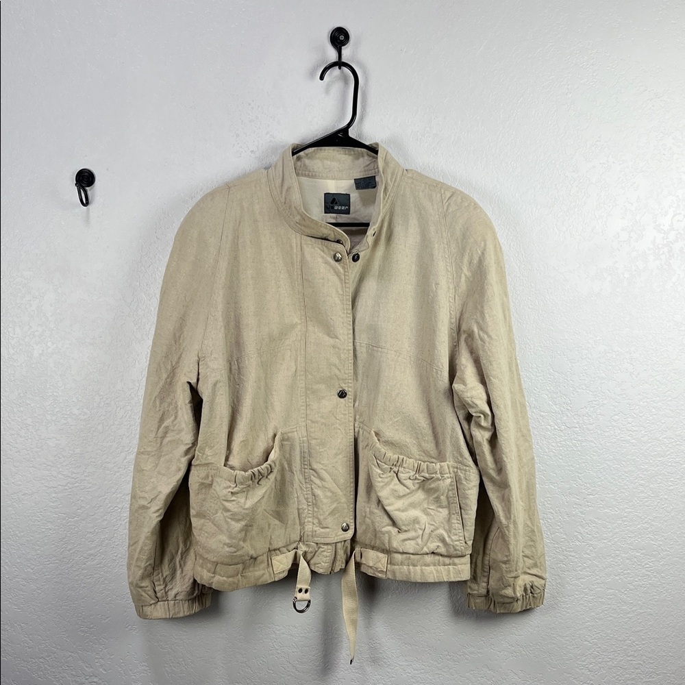 Vintage Liz Wear Womens Tan Bomber Jacket Sz L Pockets Zip Up Stripe Thrashed